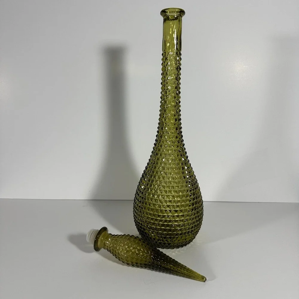 Vintage Empoli Italian Olive Green Glass Genie Bottle Decanter Diamond‎ Hobnail